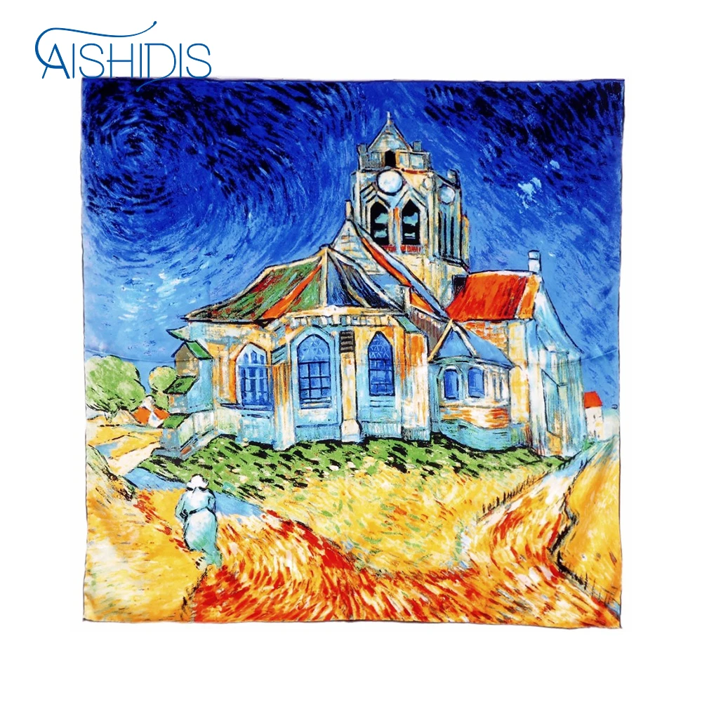 

Women 100% Silk Square Scarf Echarpe Necktie Hand Rolled Hem Bag Scarf Accessory Van Gogh's The Church at Auvers