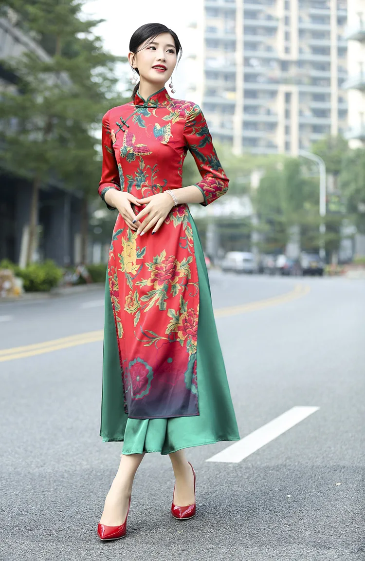 

2018 traditional Vietnam style long qipao dress Ao dai