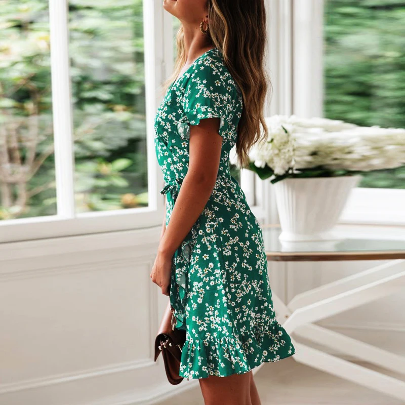 Женское летнее Мини Платье Boho вечернее пляжное платье с коротким рукавом и