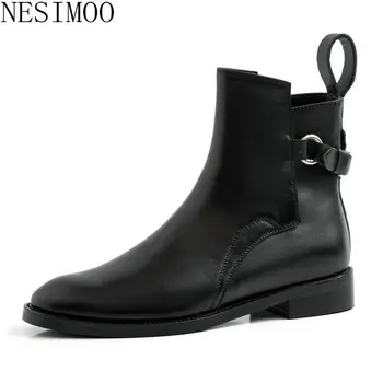 

NESIMOO 2019 Fashion Women Ankle Boots Square Low Heel Round Toe Simple Fashion All Match Motorcycle Ladies Shoes Size 34-39