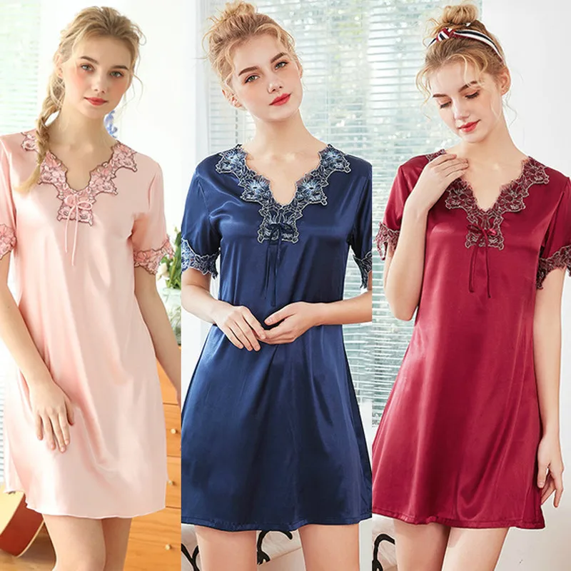 

Roseheart Women Fashion Pink Blue Sexy Sleepwear Nightdress Faux Silk Lace Embroidery V Neck Nightwear Sleepshirts Nightgown XL