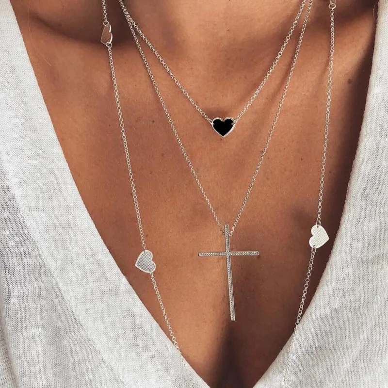 

New Multilayer Link Chain Heart Necklace For Women's Jewelry Crosses Pendant Necklaces Girl Party Gifts N0060