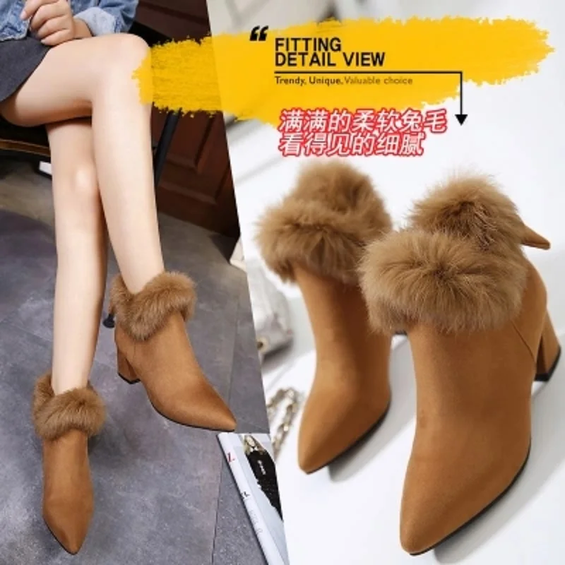 

2018 autumn and winter new bow fur shoes suede thick with ankle boots female pointed high heel plus velvet Martin boots