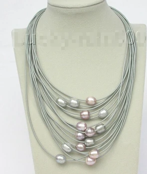 

shipping>>>> Genuine 15row 14mm purple Gray pearls leather necklace magnet clasp e1751