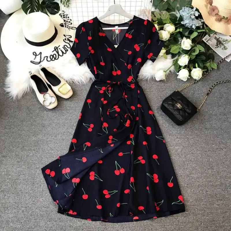 

Women Cherry Printed Dress 2019 New Summer Short Sleeved Vintage Slim Bandage Dresses Female Sexy V-neck Chiffon Robe Femme