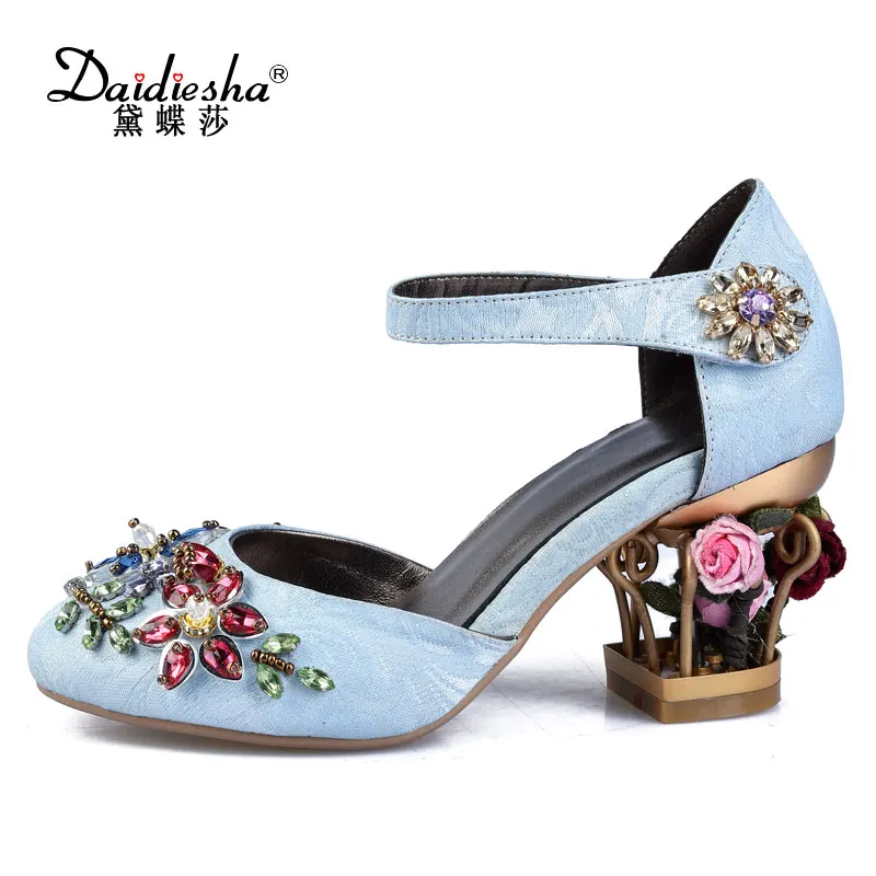 

Daidiesha Vintage Velvet Women Flower Bird Cage Heel Pumps Original Leather Shoes Stilettos Luxurious Crystal Party Ladies Heels