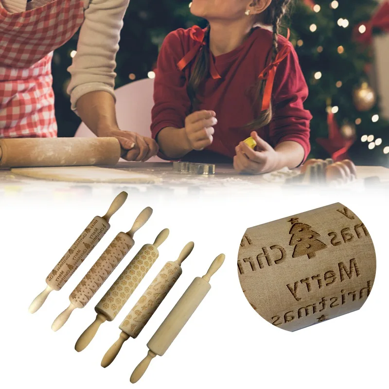 

Portable Kitchen Christmas Engraved Embossing Roller Cookies Pies Wooden Rolling Pins Xmas Party Decorative Y