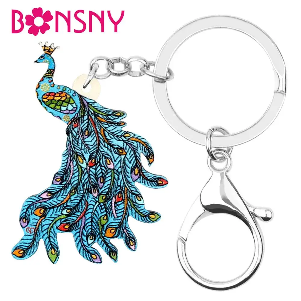 

Bonsny Acrylic Beauty Blue Male Peacock Keychain Key Rings Unique Design Bird Jewelry For Women Girls Lovers Charm Decoration