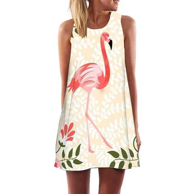 Pink Flamingo Dress Women 2018 Summer Floral Print Sundress Sleeveless ...