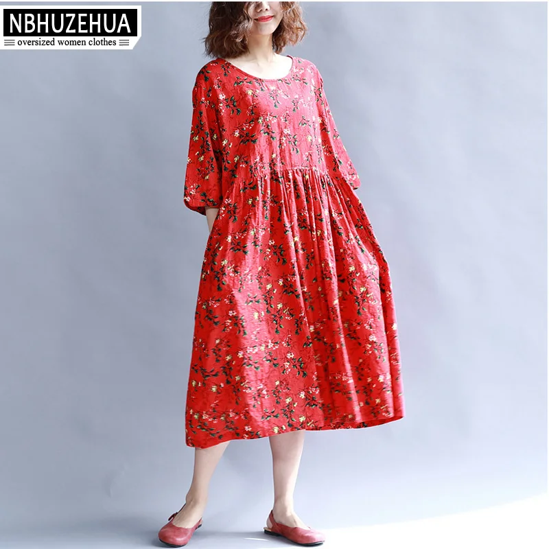 NBHUZEHUA 7G645 Mori Girl Стиль женские платья Большой размер цветочный Красный платье плюс