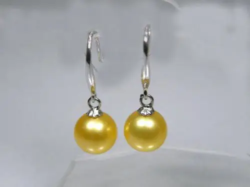 

hot AAA+ 9-10mm genuine yellow south sea pearl dangle earring 14k white hook