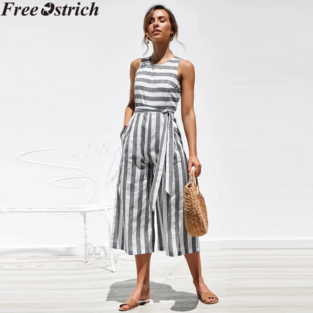 Women Summer Striped Wide Legs Jumpsuit Business Long Sleeveless High Waist Plus Size bodysuit Ladies V-neck Soft Casual Rompers | Женская