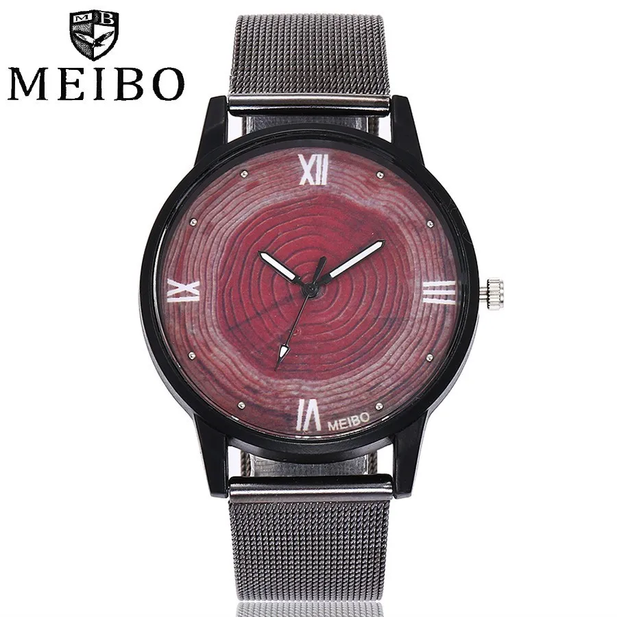 2018 Новый meibo бренд популярным Для женщин Нержавеющая сталь Черные Сетчатые деревянный спортивные часы Повседневное Винтаж кварцевые
