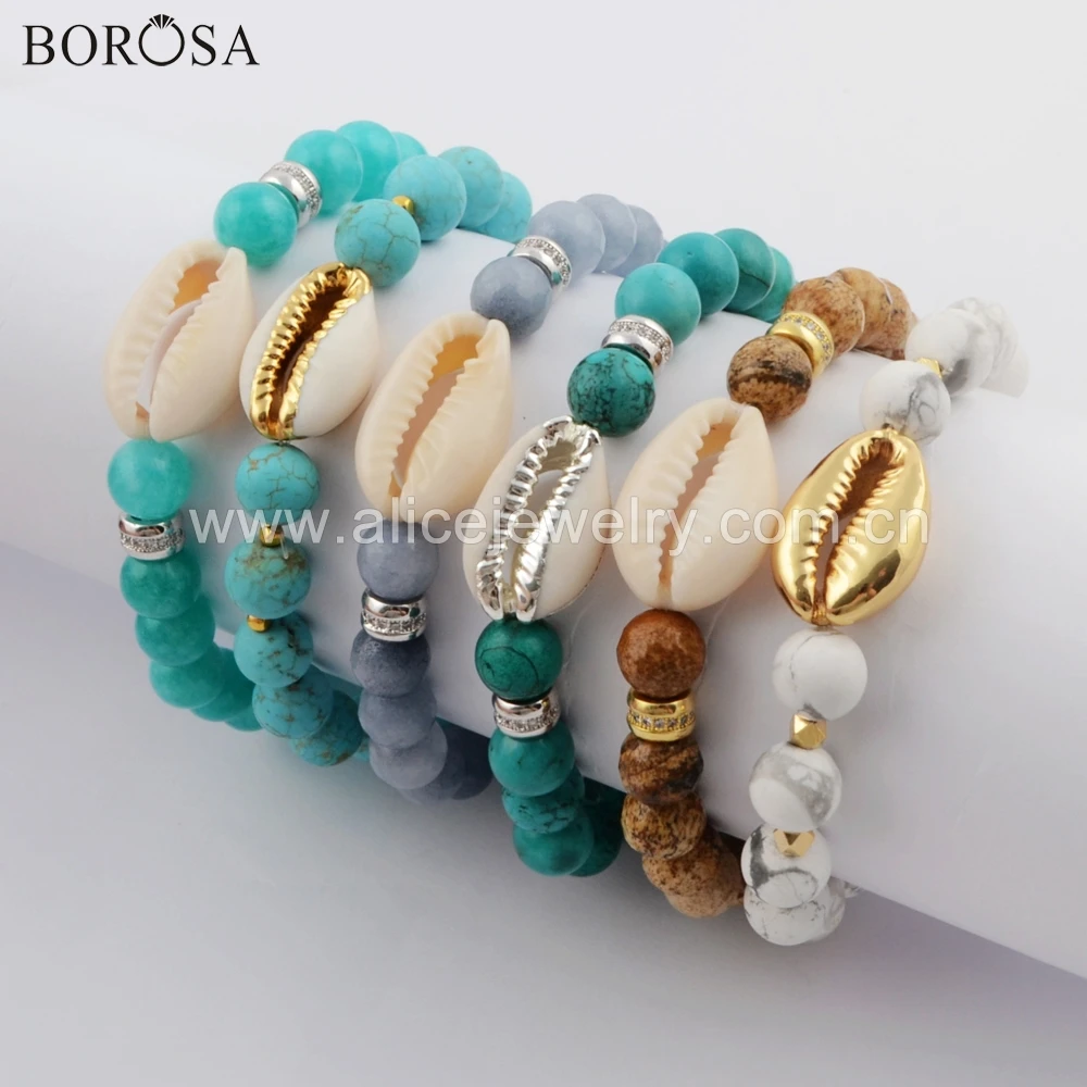 

BOROSA 6PCS Fashion 7inch Natural Cowrie Shell with 8mm Natural Stone Beads Bracelet Rainbow Handmade Bangle Jewelry HD0072