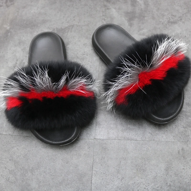 JELLYFOND/женские шлепанцы из натурального Лисьего меха; радужные пушистые тапочки; Роскошные Дизайнерские шлепанцы; пушистые тапочки; летняя пляжная обувь для женщин