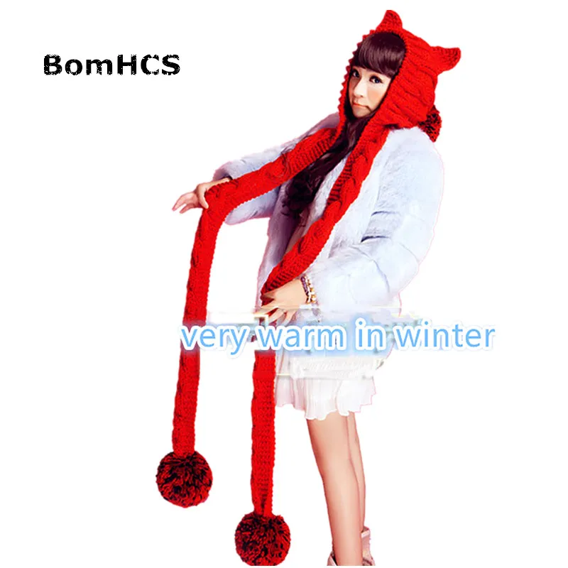 BomHCS женский толстый кабель ручной вязки большая шапочка с помпонами кошачьи уши теплая шапка с шарфом
