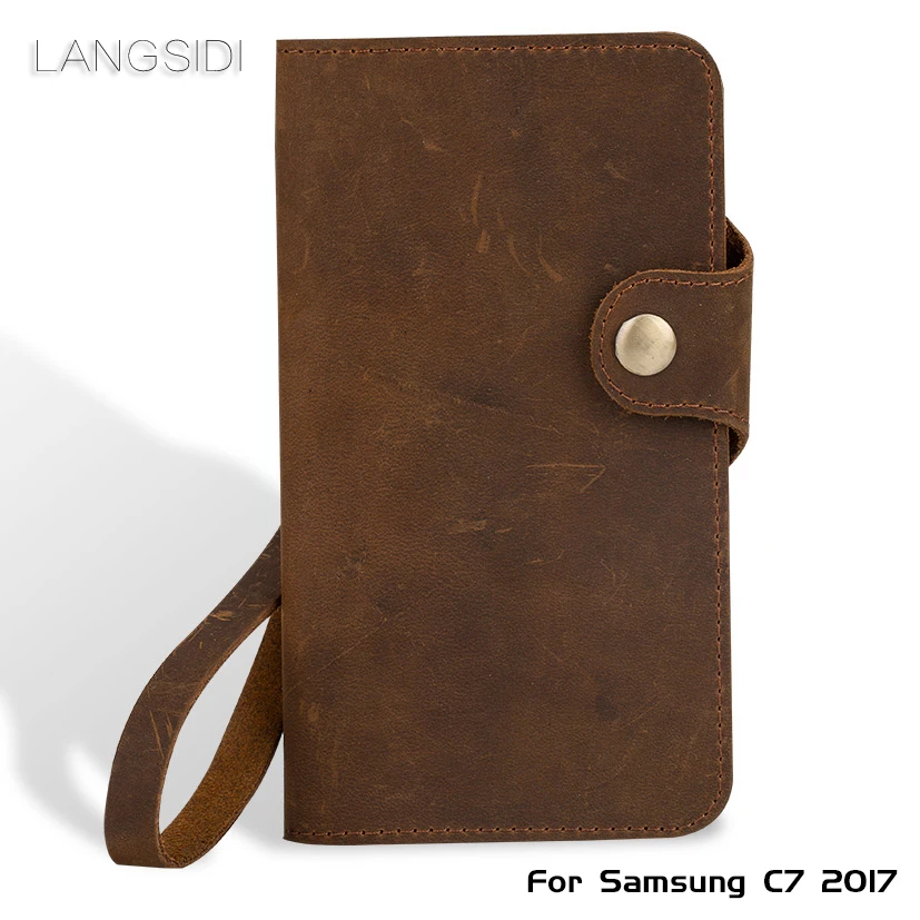 

Luxury Genuine Leather flip Case For Samsung C7 2017 retro crazy horse leather buckle style soft silicone bumper phone cover