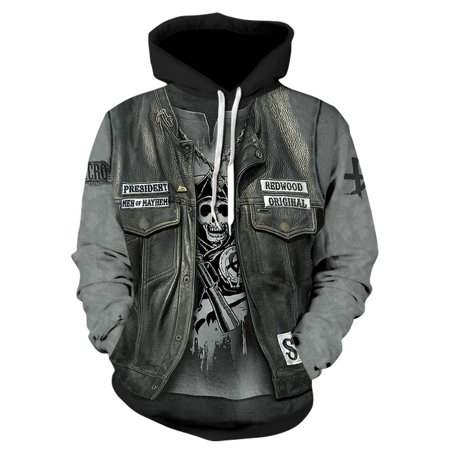 

Thin, long-sleeved 3D pullover hoodie for fall 2019, skull fake punk hip-hop rock two-piece heavy metal hoodie for men and women