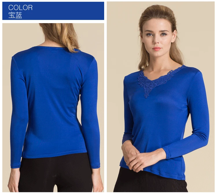 Натуральный шелк вязаный цветок, v-образный Воротник Базовая рубашка, женская шелковая рубашка с длинными рукавами - Цвет: Синий