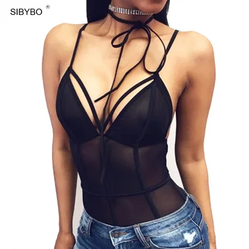 SIBYBO Sexy Mesh Bodysuit Women Tops Black Deep V Neck Sleeveless Elegant Slim Lace Bodycon Bodysuits Rompers Womens Jumpsuit