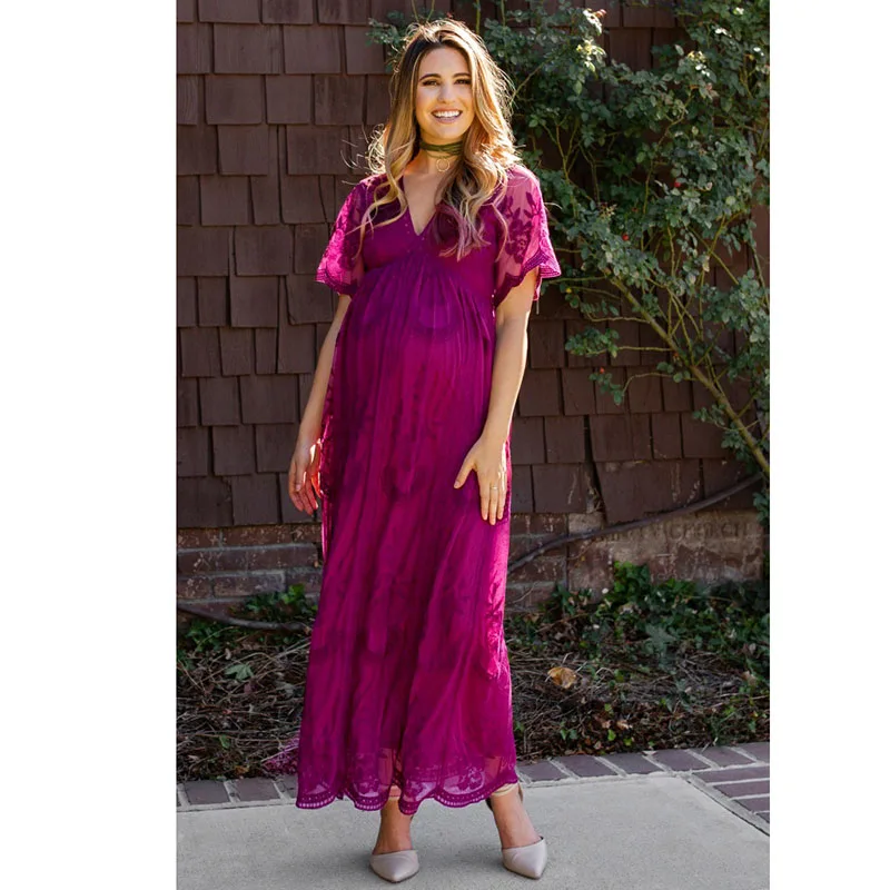 

Elegant Lace Long Maternity Dress For Photo Shoot Casual Short Sleeve Women White Wedding Party Pregnancy Dress Photography Prop