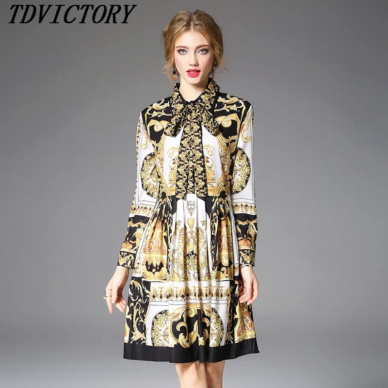 

Runway Designer Women Dress Spring Elegant Print Gold Pattern Print Bow Belt Shirt Dress Female Knee Length Pleated Dress