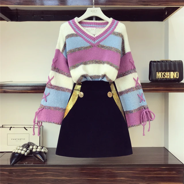 Cheap Fashion Sweater Set Women's Two Piece Sets Lazy Wind Goddess Loose Sweater + Wool Skirt Two-piece Suit Women Autumn Winter Femme Cheap Fashion Sweater Set Women's Two Piece Sets Lazy Wind Goddess Loose Sweater + Wool Skirt Two-piece Suit Women Autumn Winter Femme