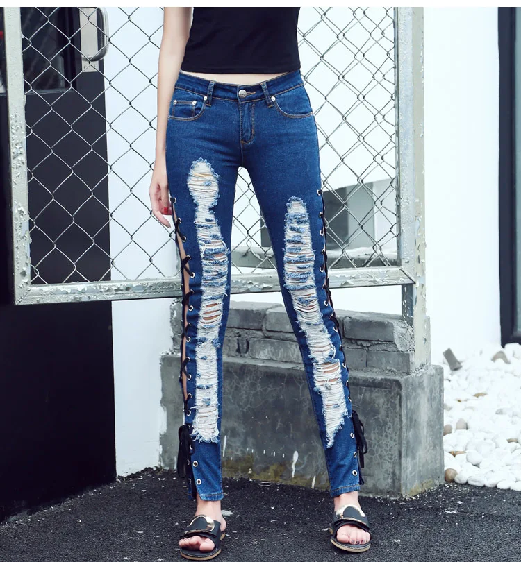 Новые женские джинсы с заниженной талией Разделение шить шнурок рваные женский синий повседневные джинсы женские Потертая джинсовая