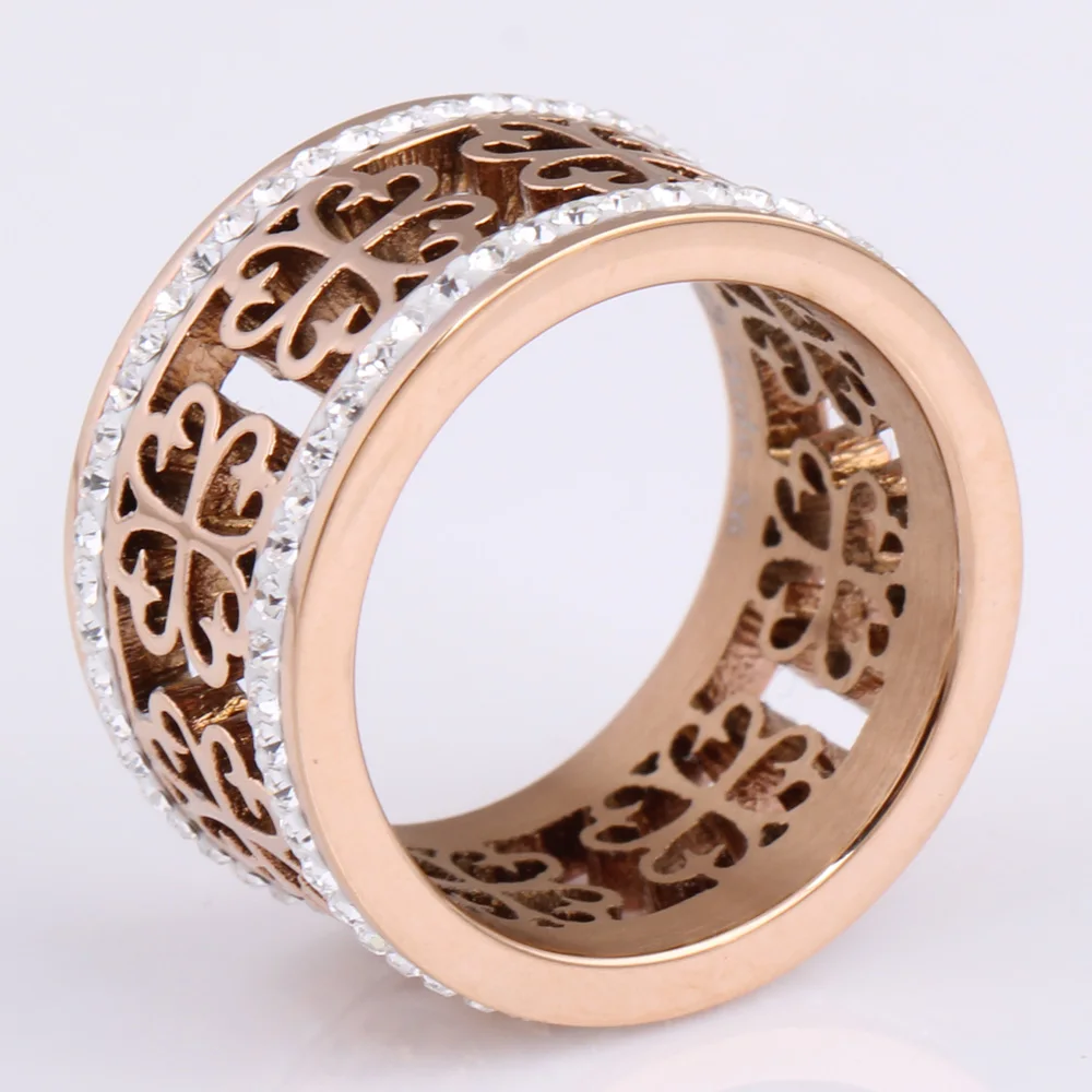Модные трендовые винтажные Свадебные кольца с цветами для женщин, классический дизайн, розовое золото, цвет из нержавеющей стали, 2 ряда, циркониевое Кристальное кольцо