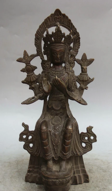 

003753 12" Tibet Tibetan Buddhism Bronze Seat Maitreya Bodhisattva Goddess Statue