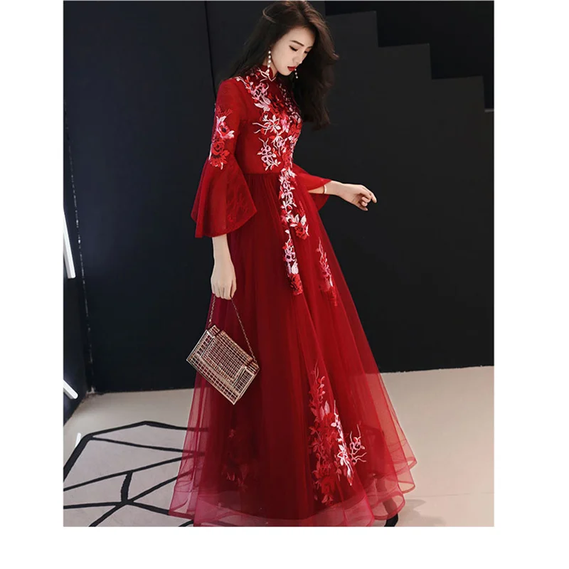Это YiiYa вечернее платье цветочное вышитое Тюлевое женское вечернее платье стоячий воротник длинный рукав платье для вечеринки размера плюс E476