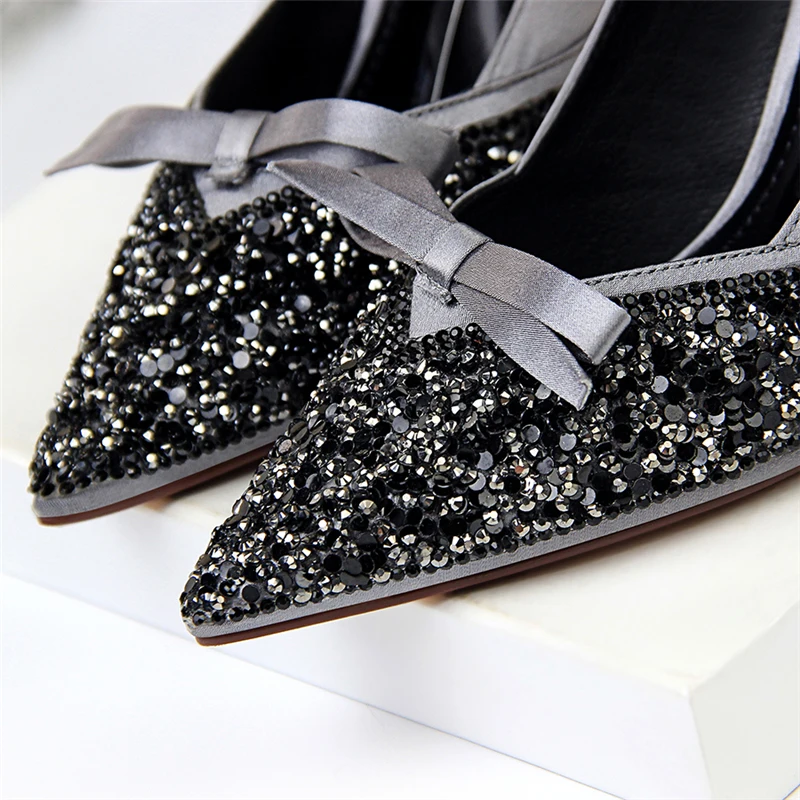 2019 Women Satin 10cm High Heels Lady Stiletto Fetish Sequins Wedding Scarpins Pumps Female Green Dress Burgundy Tacones Shoes