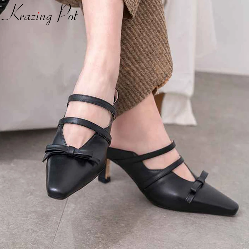 

Krazing Pot genuine leather slip on pointed toe preppy style butterfly-knot stiletto high heels Hollywood movie star pumps L76