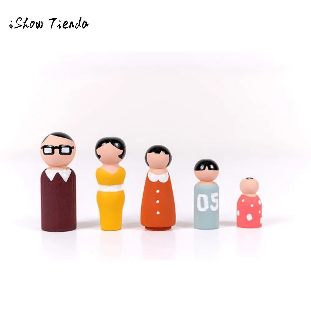 

5Pcs Wooden Peg Dolls Family DIY Crafts Cake Topper Kid's Printed Decoration Figurines Miniatures Artificial Accessories