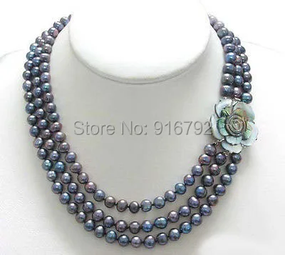 

YH@CS >>3 Rows Genuine Black Pearl 18KWGP Shell Flower Clasp Necklace