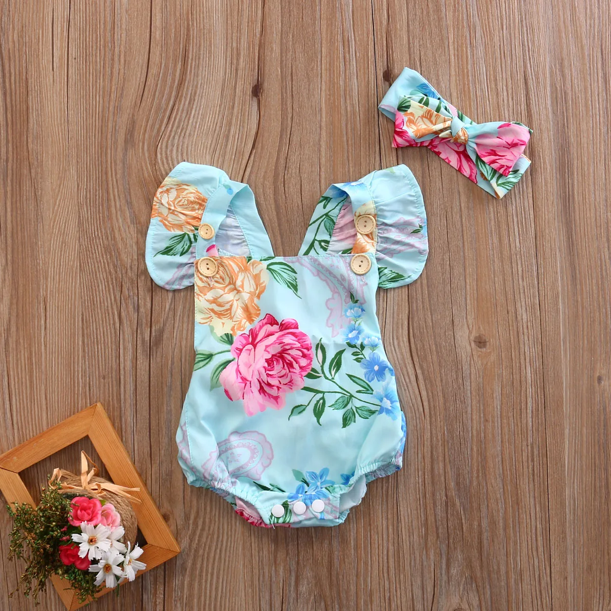 Детский комбинезон на пуговицах с цветочным принтом и открытой спиной|infant baby|rompers
