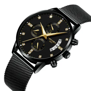 

Big Diamond Luxury Watch Men Casual Slim Mesh Stainless Steel Waterproof Business Watch Calendar Quartz Clock relogio masculino
