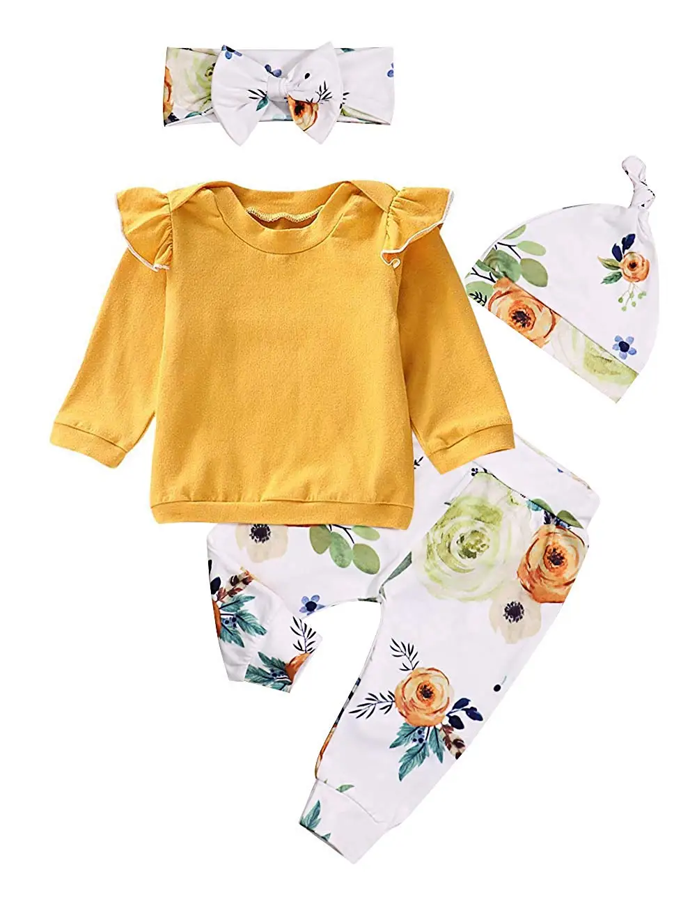 

Oklady Baby Girls Clothes Long Sleeve Ruffle T-Shirt + Floral Pants + Headband + Hat 4Pcs Outfit Sets