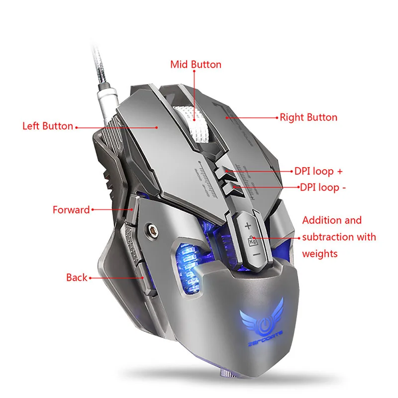 Mechanical Wired Gaming Mouse 600-3200DPI Professional 7 Buttons Optical Mice with LED Light for Computer Laptop Gamer Mice