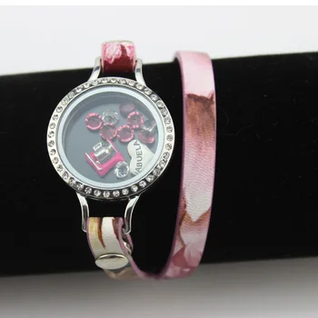 

(14 color watchband can choose) 30mm crystal screw stainless steel floating charms memory locket leather bracelet jewelry