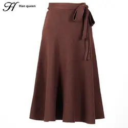 H Han queen, осенне-зимняя юбка, женский элегантный шикарный вязаный винтажный стиль, модная плиссированная юбка, тонкая, на шнуровке, с высокой