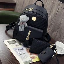 Nueva Llegada 3 unids/set Pequeño Oso Colgante Niñas Mochila PU de Las Mujeres de La Borla Mochila Bolsa Mochila de La Vendimia de Doble Cremallera de Las Mujeres