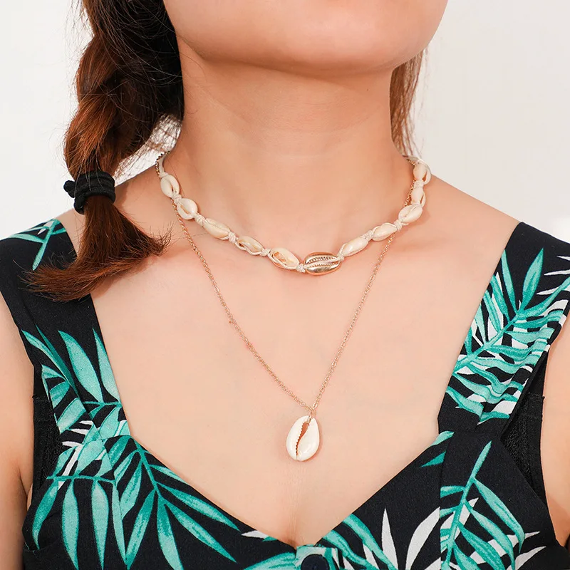 

Multilayer Trendy Shells Pendant Necklaces Women Gold Color Long Chain Seashell Beach Bohemian Handmade Choker Necklace Jewelry