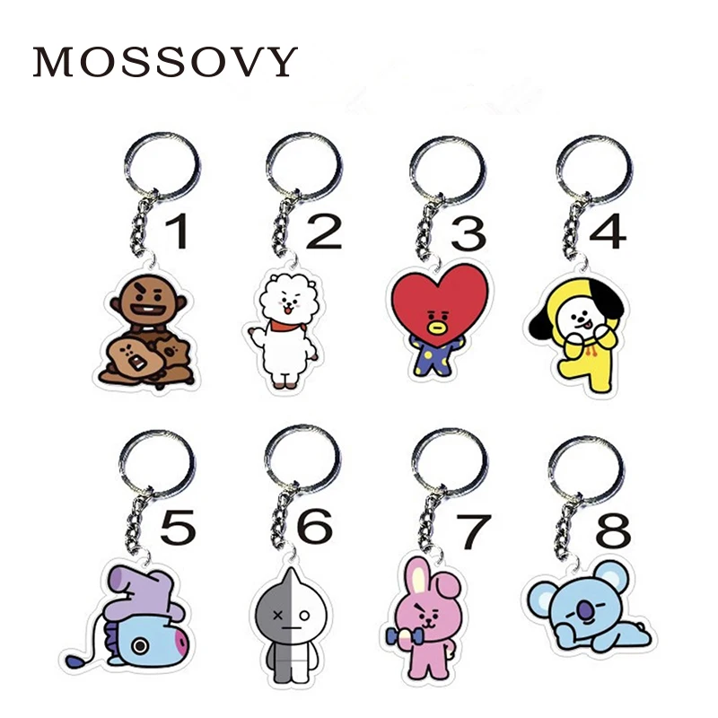 

Mossovy 8 Style KPOP BTS Keyring BT21 Bangtan Boys Key Chain Fashion Jewelry for Women Accessories Birthday Gift Bijoux Femme