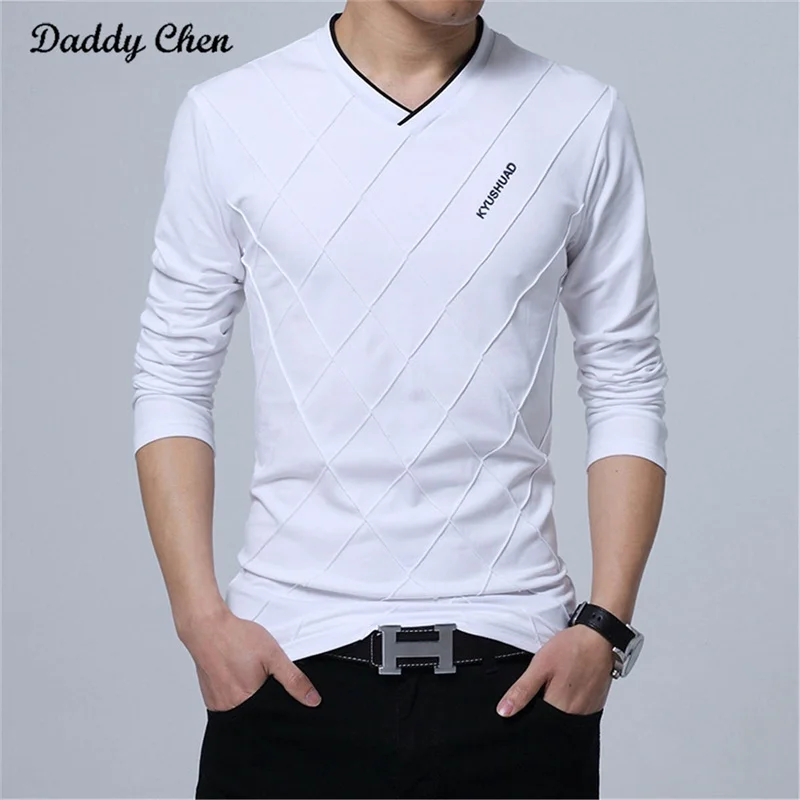 

M-5XL Plus Size Spring Autumn t-shirt men tshirt long sleeve Crease Design slim fit t shirt V neck hip hop male Casual Tee Tops