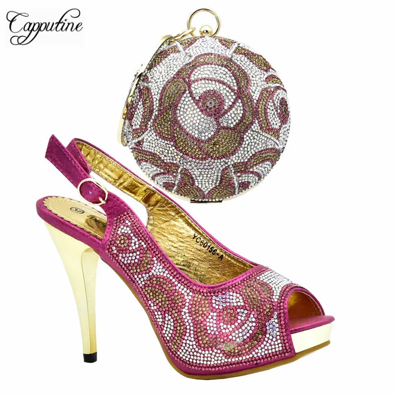 

Capputine Nigerian Fuchsia Color Woman Shoes And Bag To Match Set African High Heels 10.5CM Shoes And Bag Set For Party DF-07
