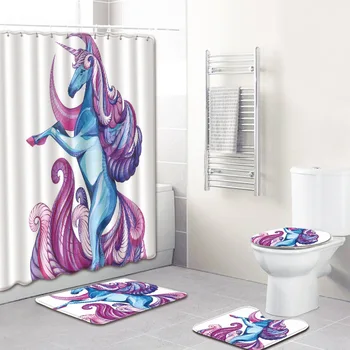 

F 3D Printed Unicorn Bathroom Rugs and Mat Set Fabric Shower Curtain 180*180cm 4pcs Bath Rugs and Carpets for Home Decoration