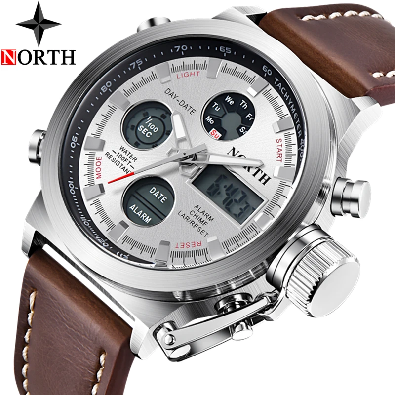 

2018 NORTH Men's Fashion Sport Watches Men Quartz Analog Date Clock Man Leather Army Military Waterproof Watch Relogio Masculino