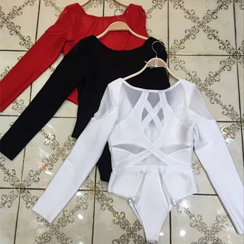 

Top Quality New Black White Red Long Sleeve Mesh Hollow Out Rayon Bandage Bodysuit Sexy Fashion Bodysuit