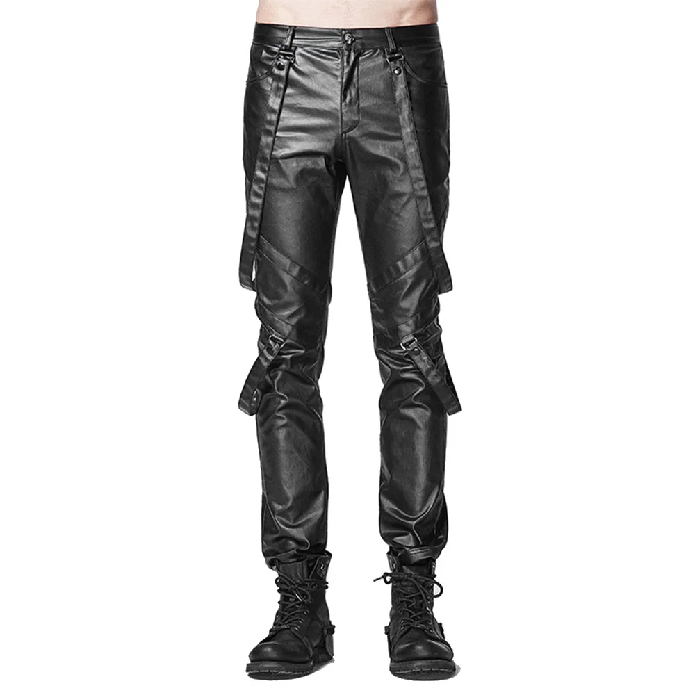 Punk Men Long Pants Rock Cotton Bind The Cross Layer Slacks Black Trousers Elastic Causal